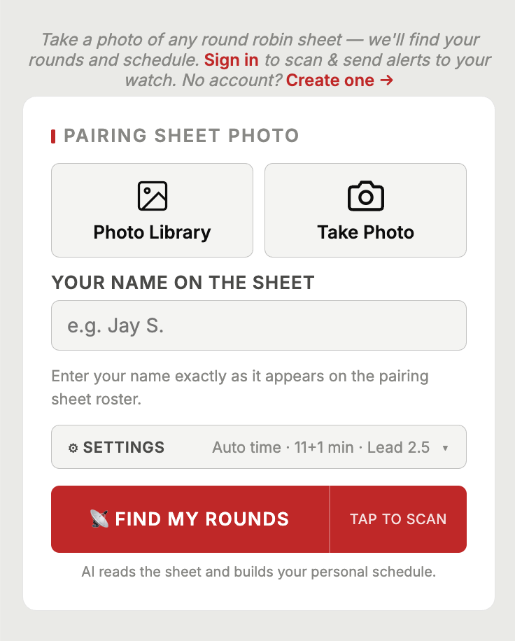 CourtSend app — take a photo of any round-robin sheet and it finds your rounds and schedule